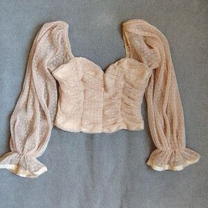 Sheer Laced Mesh Blouse Women M Cropped Polka Dot Cuffed Ruched Fairy Festival